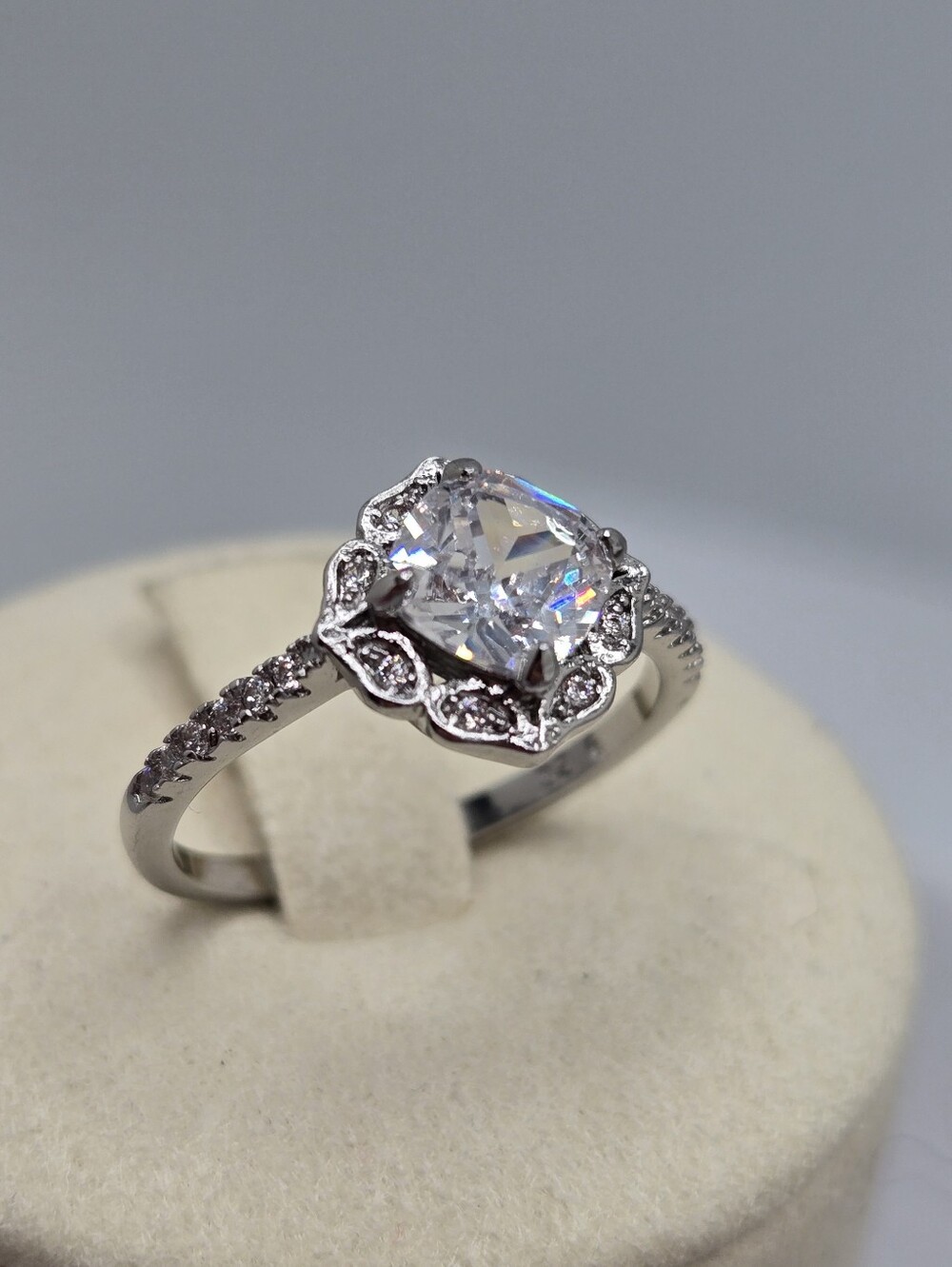 Vintage Style Halo Engagement Ring Cushion Cut Sparkle Pave Band Size 6 Bridal
